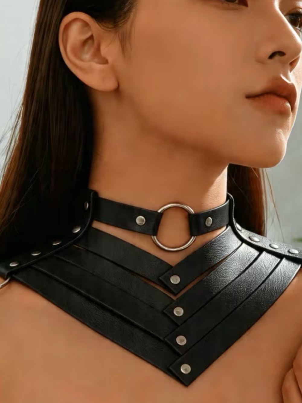 Black Faux Leather O-Ring Layered V-Neck Choker Necklace